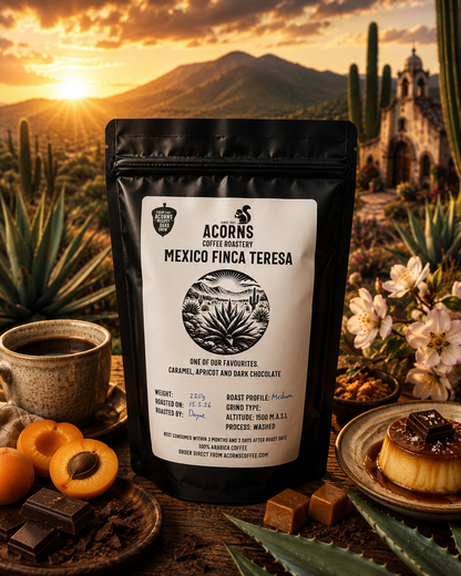 Medium roast Mexico Finca Teresa coffee from Acorns Coffee & Cake in its packaging with creme caramel and stone fruit flavor hints.
