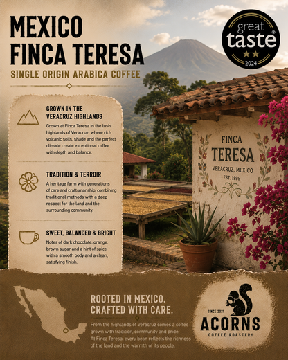 Medium roast Mexico Finca Teresa coffee by Acorns Coffee & Cake, featuring bright, balanced flavors and locally roasted beans.