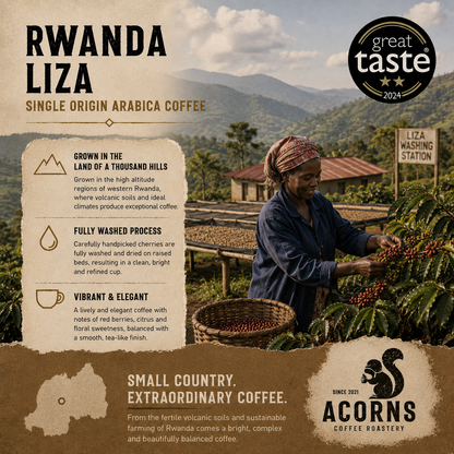 Medium roast Rwanda Liza coffee by Acorns Coffee & Cake, shown in a bag with a rich, flavorful appearance.