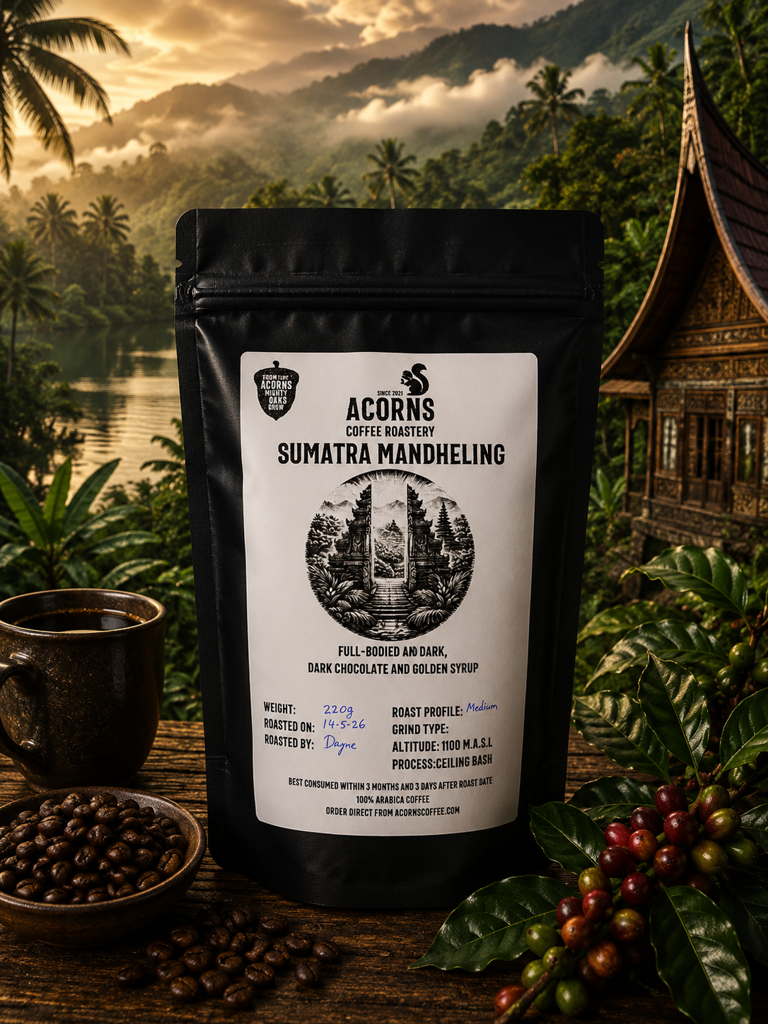 Bag of Acorns Coffee & Cake Sumatra Mandheling medium roast coffee with dark beans and bold, intense flavor in a resealable bag.