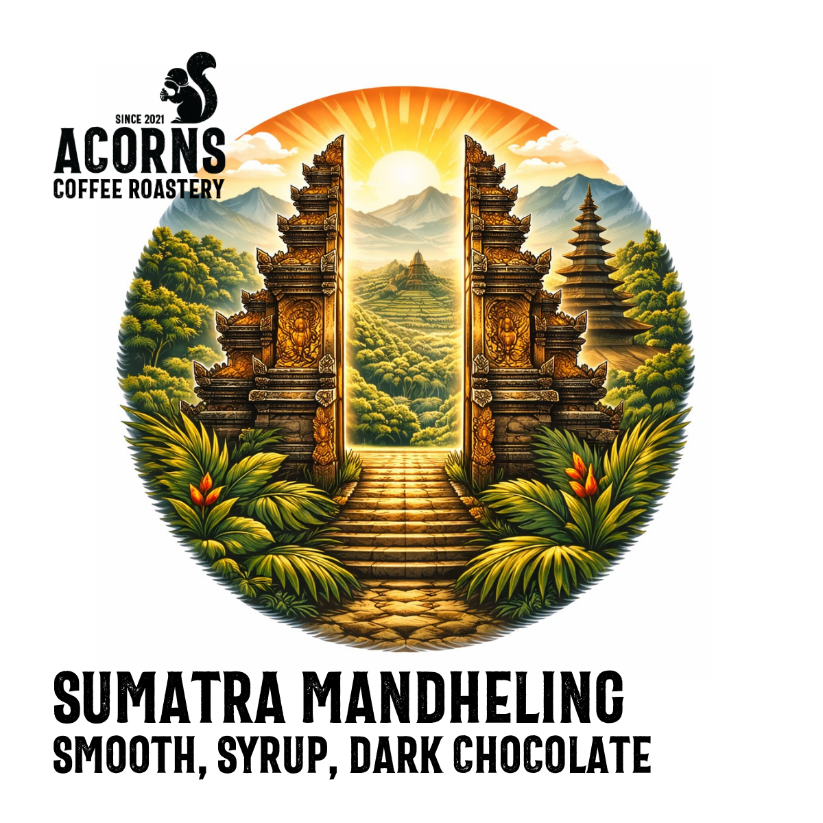 Sumatra Mandheling medium roast coffee from Acorns Coffee & Cake, featuring smooth flavor with hints of syrup and chocolate.