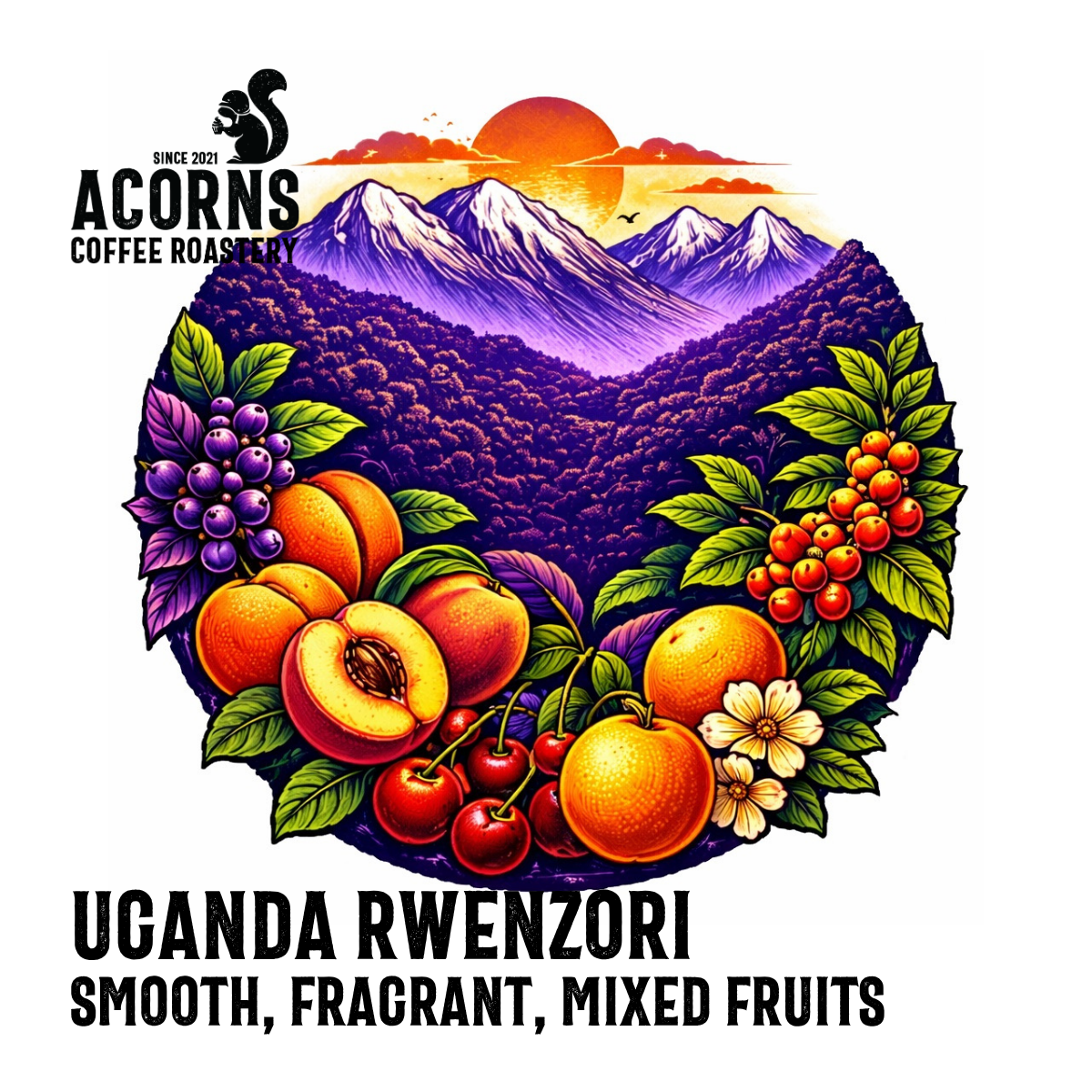 Medium roast Uganda Rwenzori Kisinga coffee from Acorns Coffee & Cake, showcasing a smooth, fragrant blend with mixed fruit notes.