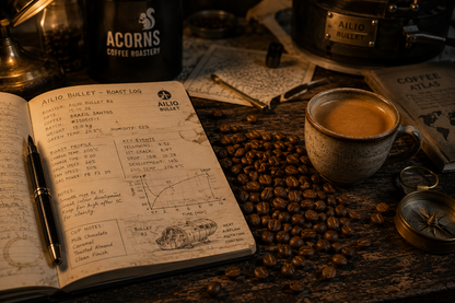 Medium roast Brazil Santos coffee beans from Acorns Coffee & Cake in a rustic setting, showcasing the rich, aromatic coffee.
