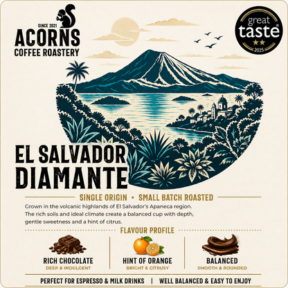 Medium roast coffee beans from El Salvador Diamante by Acorns Coffee & Cake, featuring rich, balanced flavors and chocolate notes.