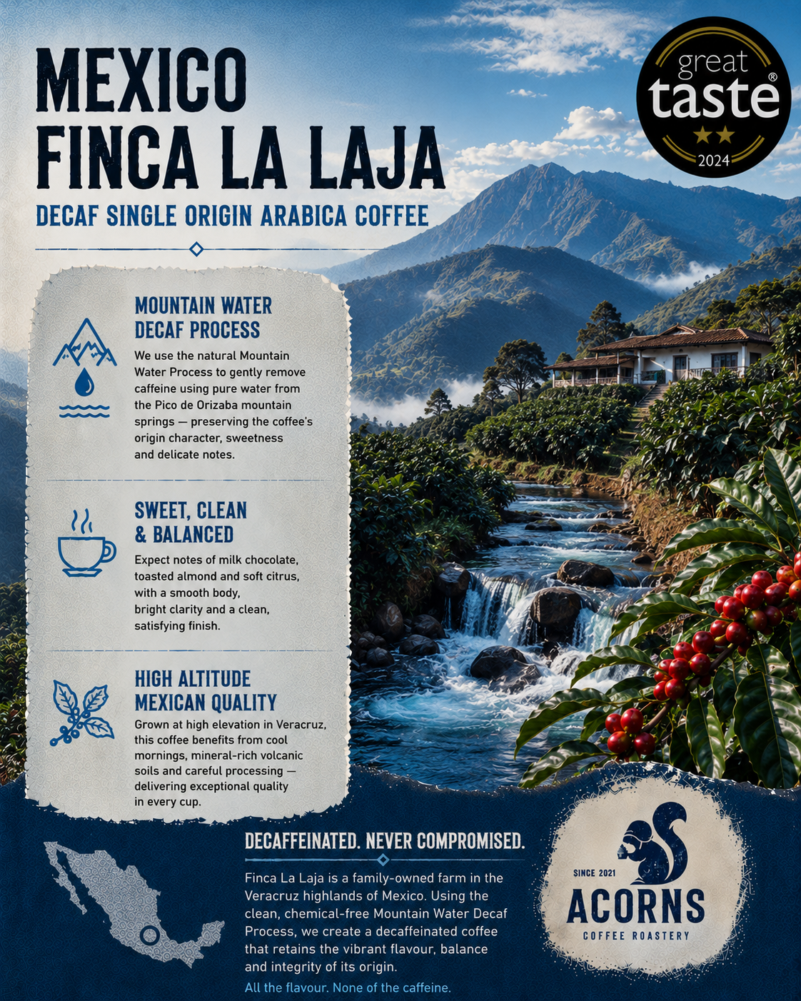 Decaf Mexico Mountain Water Coffee beans by Acorns Coffee & Cake, showcasing roasted coffee beans with a natural brown color.