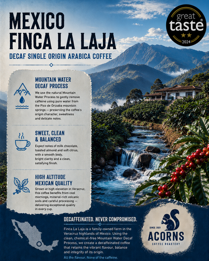 Decaf Mexico Mountain Water Coffee beans by Acorns Coffee & Cake, showcasing roasted coffee beans with a natural brown color.