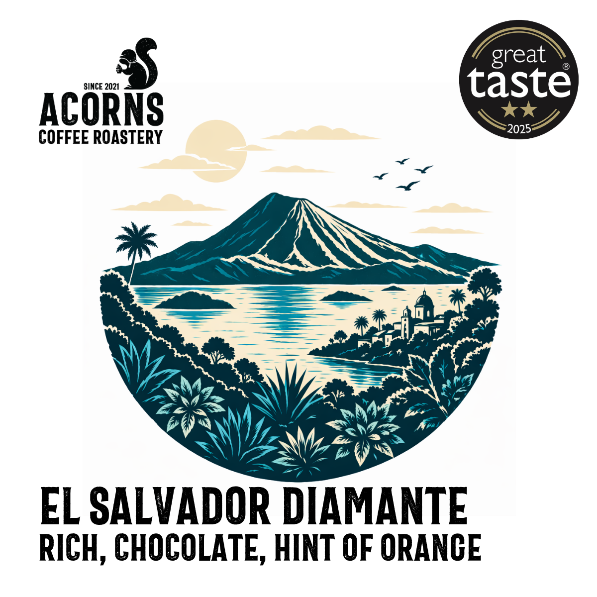 Medium roast coffee from El Salvador Diamante by Acorns Coffee & Cake, featuring rich chocolate and orange notes in the cup.