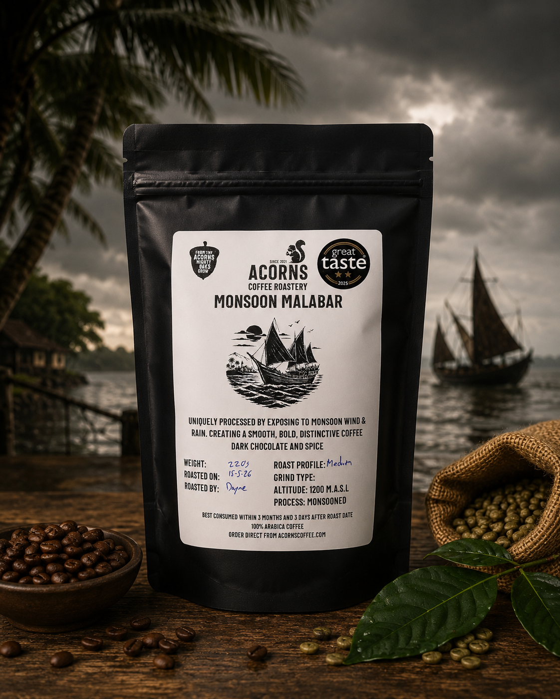 Acorns Coffee & Cake Monsooned Malabar medium roast coffee package with bold, intense spice flavor and distinctive branding.