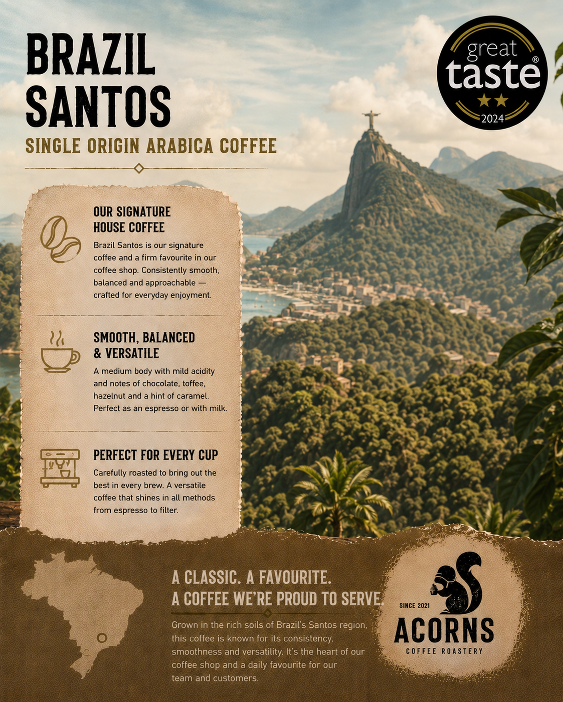 Single-origin Brazil Santos medium roast coffee by Acorns Coffee & Cake, showing a bag of freshly roasted coffee beans.