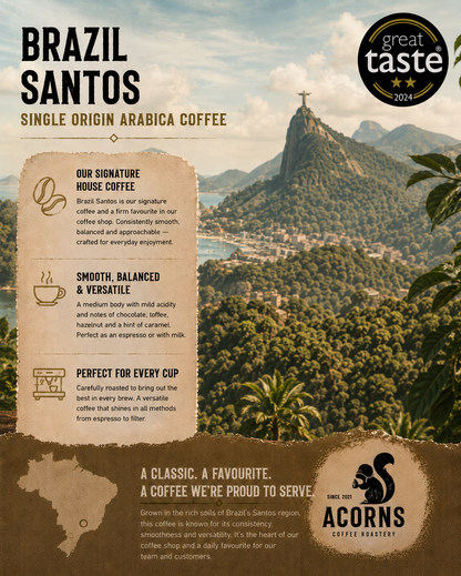 Single-origin Brazil Santos medium roast coffee by Acorns Coffee & Cake, showing a bag of freshly roasted coffee beans.