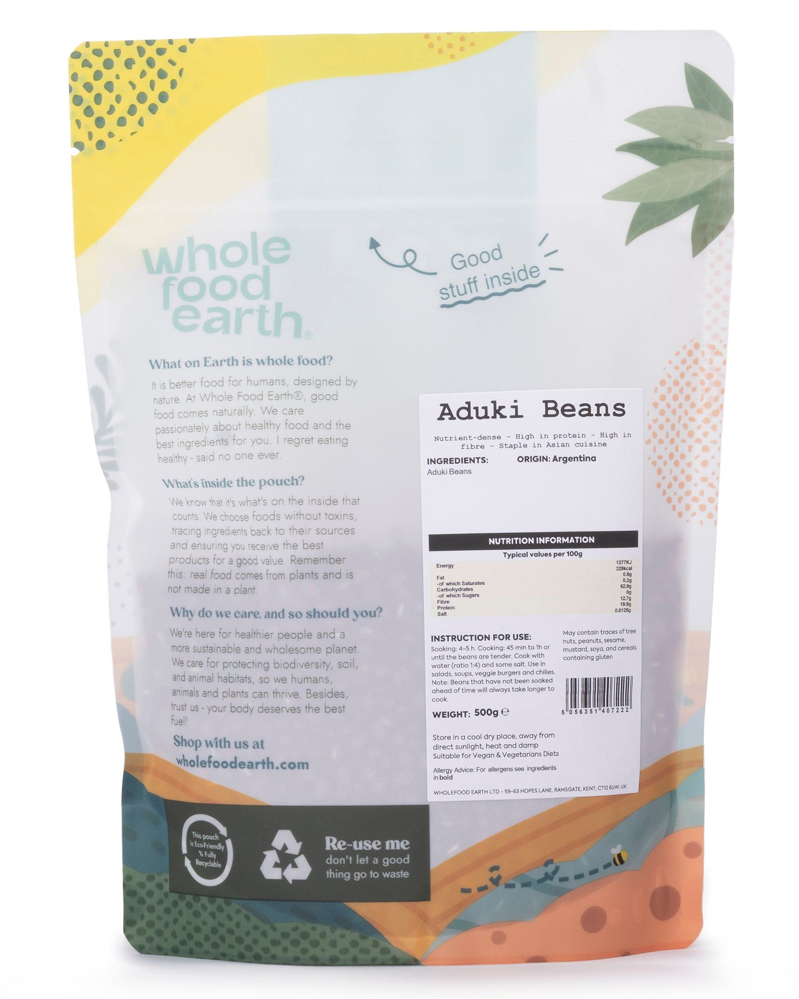 Whole Food Earth aduki beans in a 500g package, showcasing small reddish-brown beans from the Beans & Pulses category.