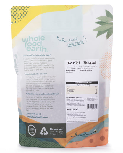 Whole Food Earth aduki beans in a 500g package, showcasing small reddish-brown beans from the Beans & Pulses category.