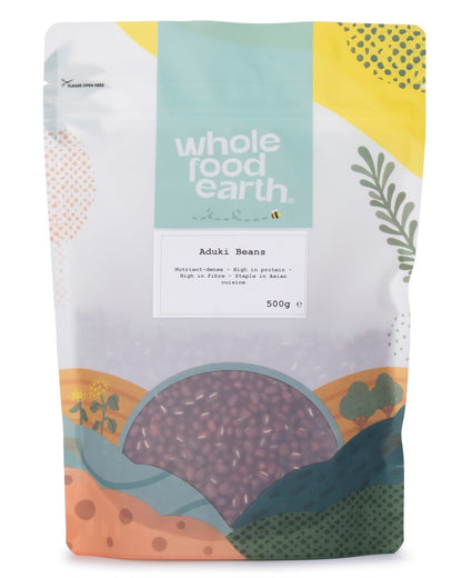 Whole Food Earth aduki beans in a 500g package, showcasing small, reddish-brown beans for beans and pulses.