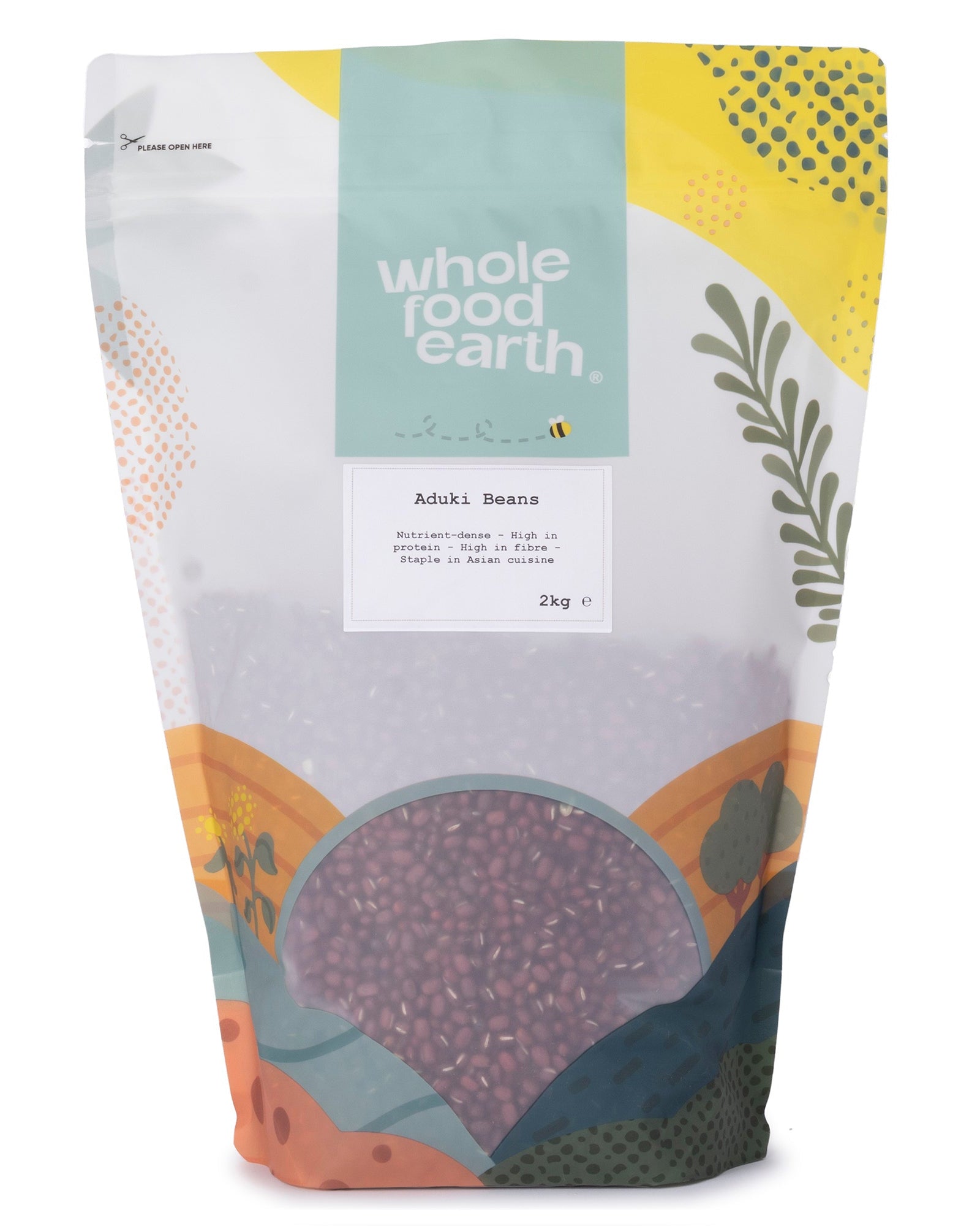 Whole Food Earth aduki beans in a 2kg bag, fresh pulses and beans with red-brown color, ideal for cooking and healthy meals.