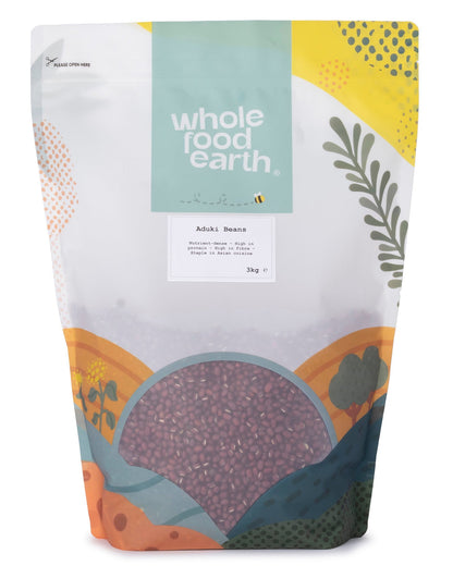 Whole Food Earth aduki beans in a 3kg bag, showcasing small, reddish-brown beans with a smooth surface.