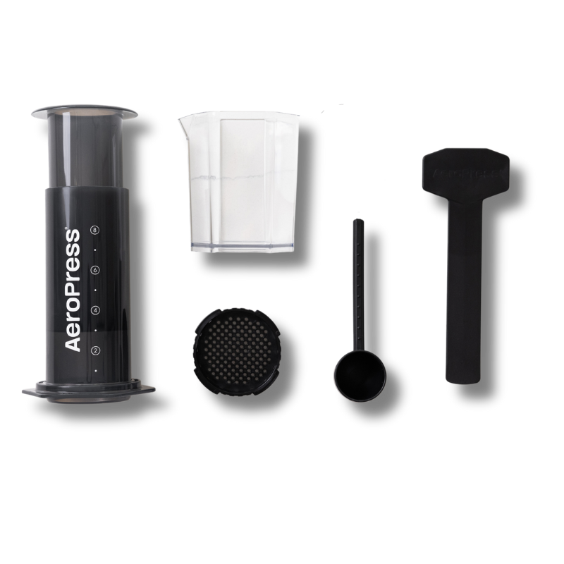 XL AeroPress Travel Coffee Maker by Contact Coffee Company Ltd., showing the compact coffee brewing gear with accessories and components.
