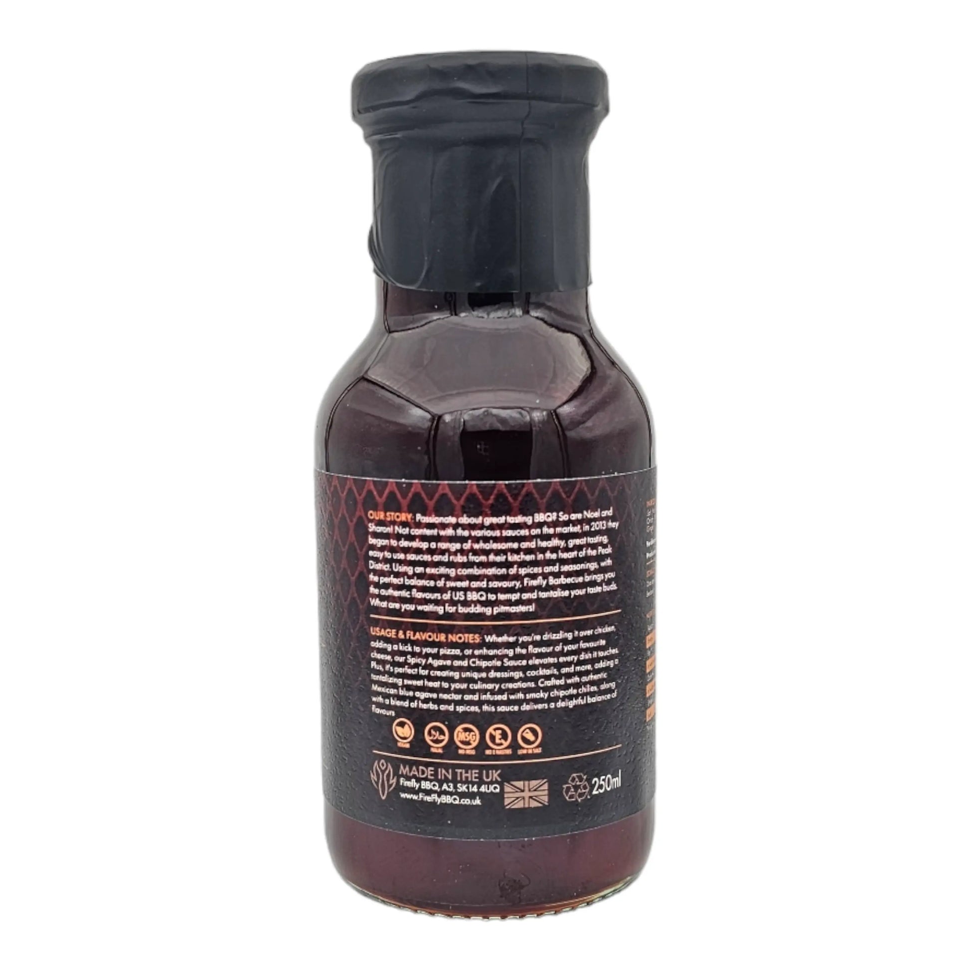 Sweet apricot BBQ sauce by FireFly Barbecue, featuring agave and chipotle flavors in a rich, glossy sauce bottle.
