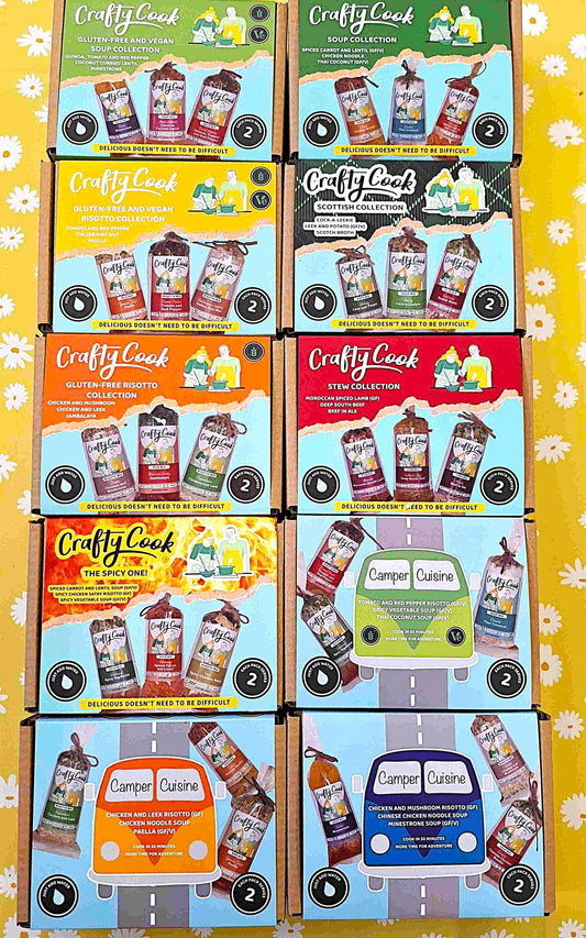 Crafty Cook 5-bundle deal featuring three 2-serving box collections, display of all ten assorted food boxes in a neat arrangement.