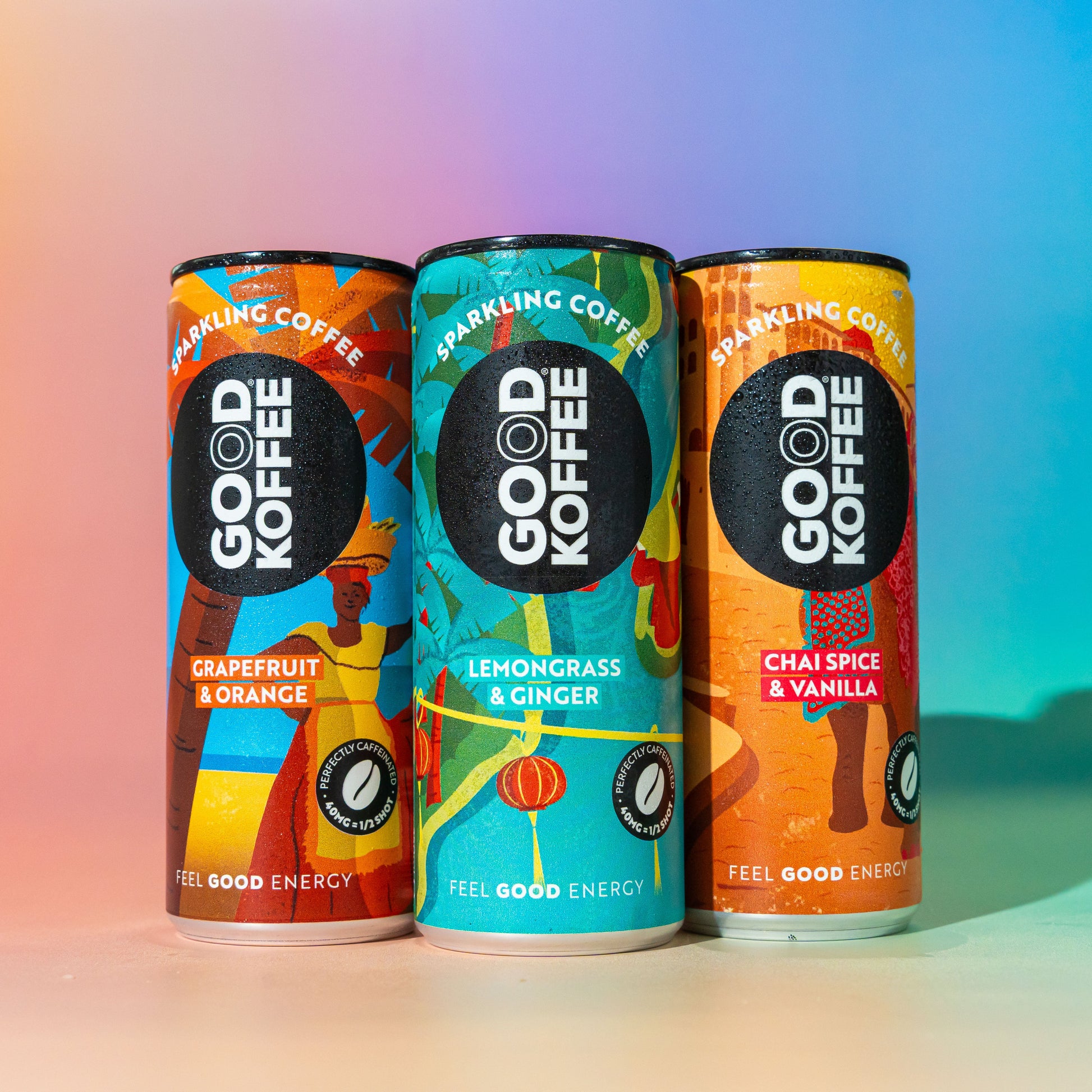 Six cans of GOOD KOFFEE sparkling coffee mixed flavor trial pack arranged together in a group shot.