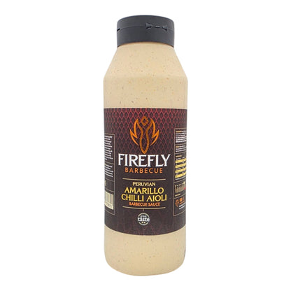 FireFly Barbecue Peruvian Amarillo Chilli Aioli in a jar, showcasing vibrant yellow chili sauce for BBQ and dipping.
