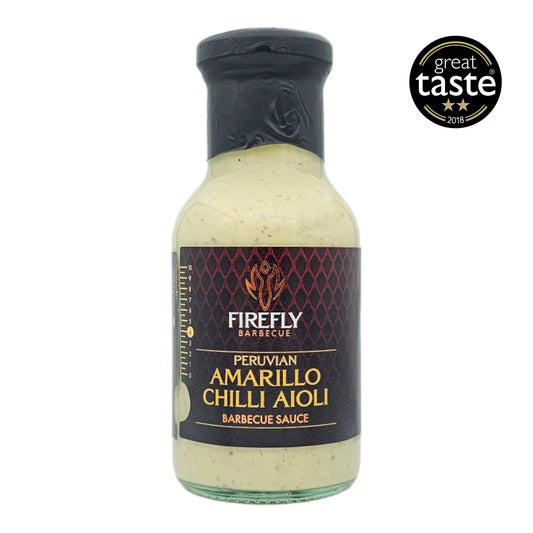 Peruvian Amarillo Chilli Aioli from FireFly Barbecue, vibrant yellow sauce in a jar, ideal for BBQ and dipping.