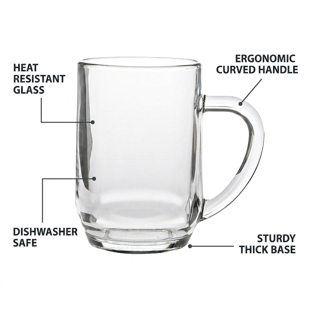 Set of six Heritage Glass Tankards from Glassware UK, 0.27Ltr, clear glass with sturdy handles, ideal for serving beverages.