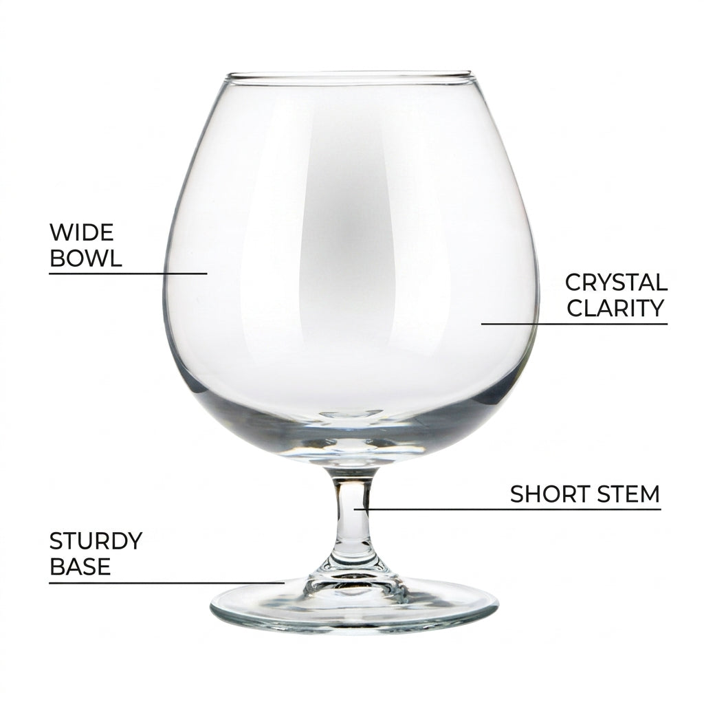 Whisky tumbler glass by Glassware UK with a 550ml Brandy Balloon design, featuring a rounded shape and clear glass material.