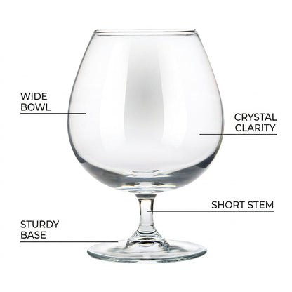 Set of six Glassware UK Brandy Balloon Glasses, 550ml whisky tumblers with rounded bowls and sturdy bases for elegant drinking.