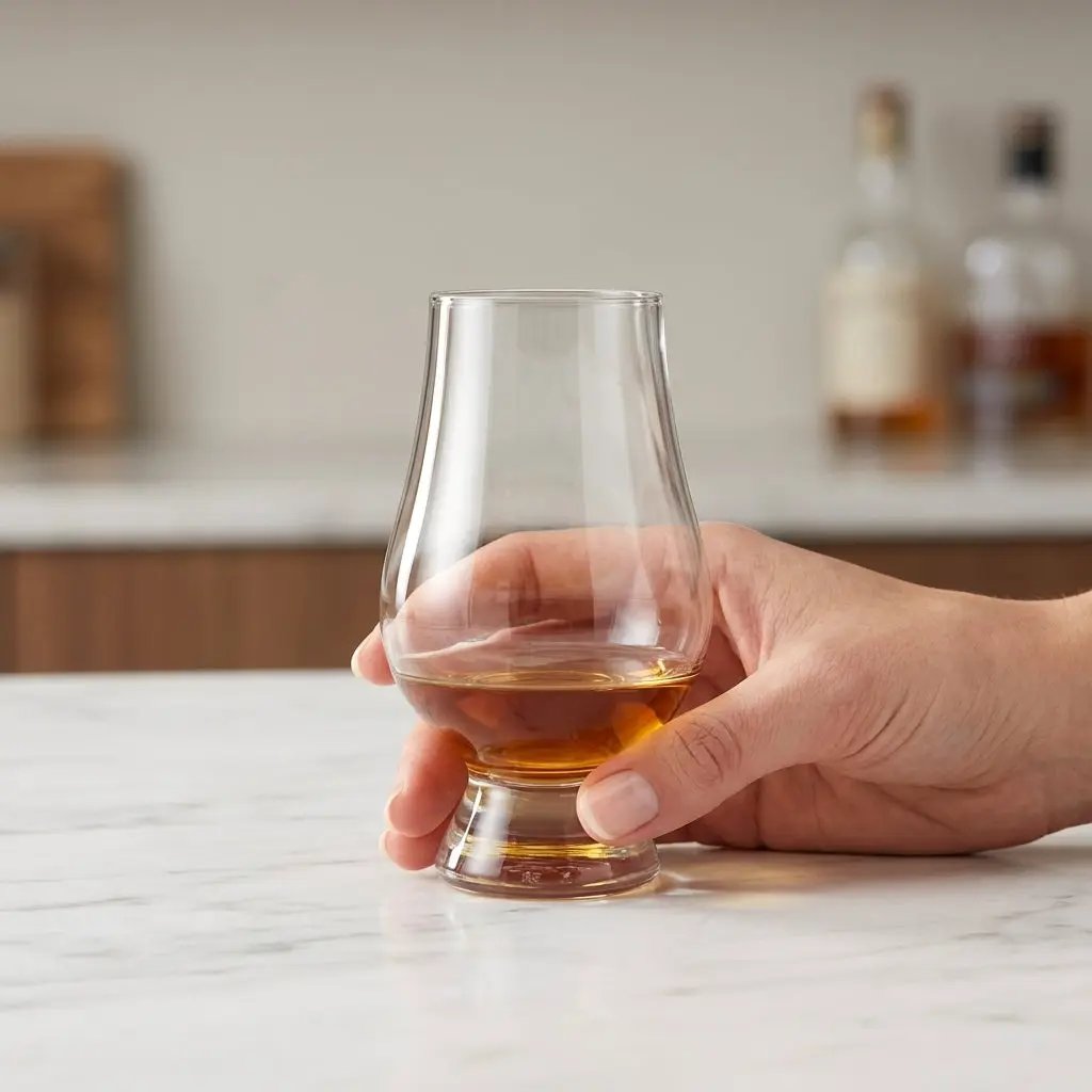 Glencairn whisky tasting glass by Glassware UK, 170ml, elegant tumbler for whiskey tasting on a wooden surface.