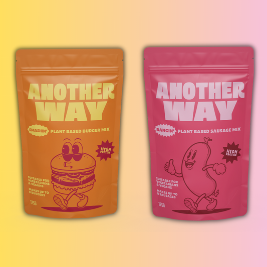 Two packages of 'Another Way' plant-based products on a gradient background