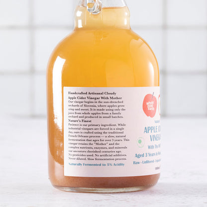 Whole Food Earth Kent Apple Cider Vinegar with Mother, raw, unfiltered, unpasteurized, GMO-free vinegar drink in 1L bottle.