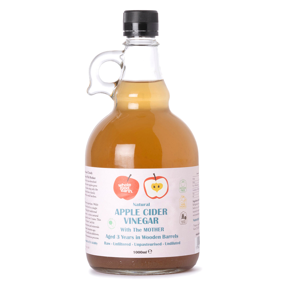 Whole Food Earth Kent apple cider vinegar with "Mother" in 1L bottle, raw, unpasteurized, unfiltered, GMO-free vinegar drink.
