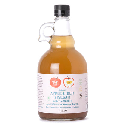 Whole Food Earth Kent apple cider vinegar with "Mother" in 1L bottle, raw, unpasteurized, unfiltered, GMO-free vinegar drink.