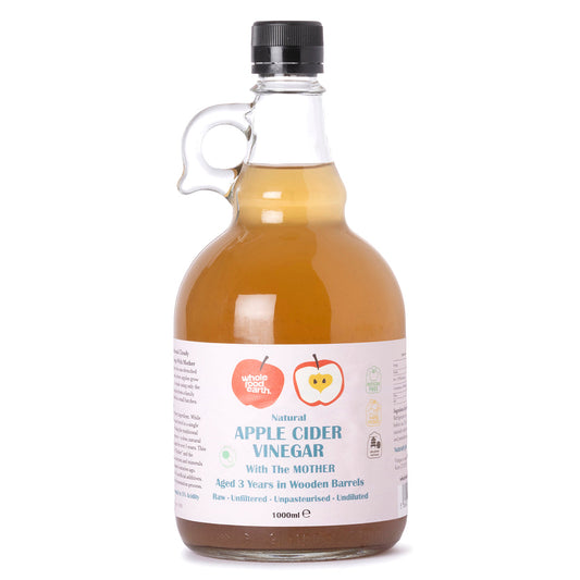 Whole Food Earth Kent apple cider vinegar with "Mother" in 1L bottle, raw, unpasteurized, unfiltered, GMO-free vinegar drink.
