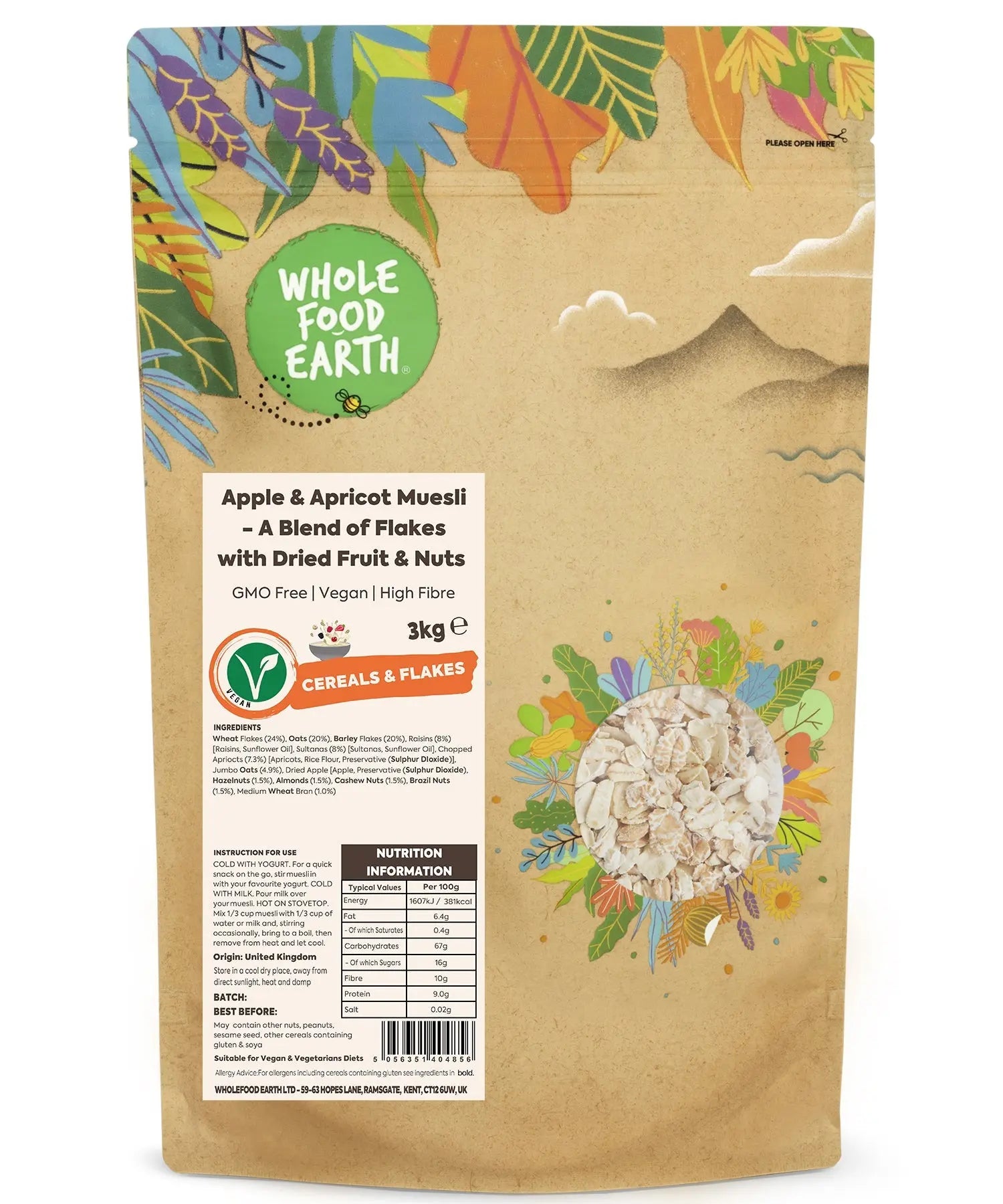 Whole Food Earth apple and apricot muesli with cereal flakes, dried fruit, and nuts in a 3kg package.