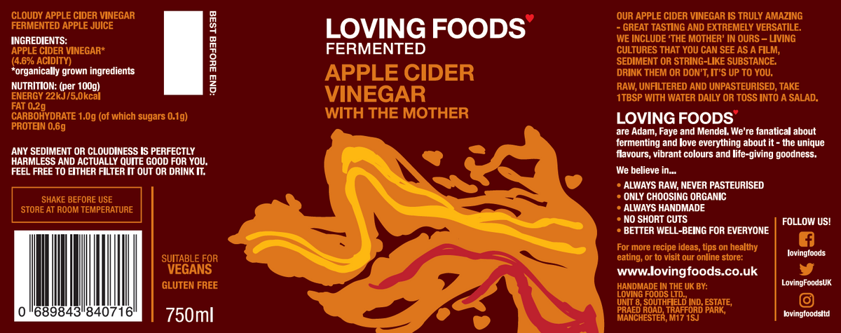 Loving Foods apple cider vinegar with the mother in a clear glass bottle, showing the dark amber liquid and natural sediment.