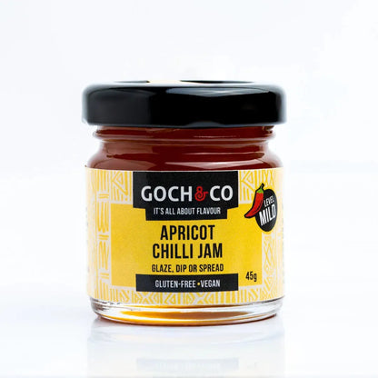 Apricot Chilli Jam by Goch & Co, 45g jar with apricot chunks and vibrant red chili peppers visible inside