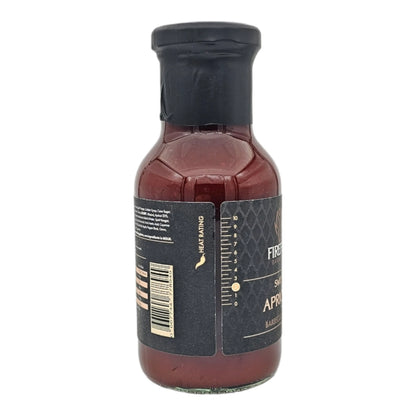 Sweet apricot BBQ sauce from FireFly Barbecue, showcasing a rich, glossy apricot-colored sauce in a glass jar.