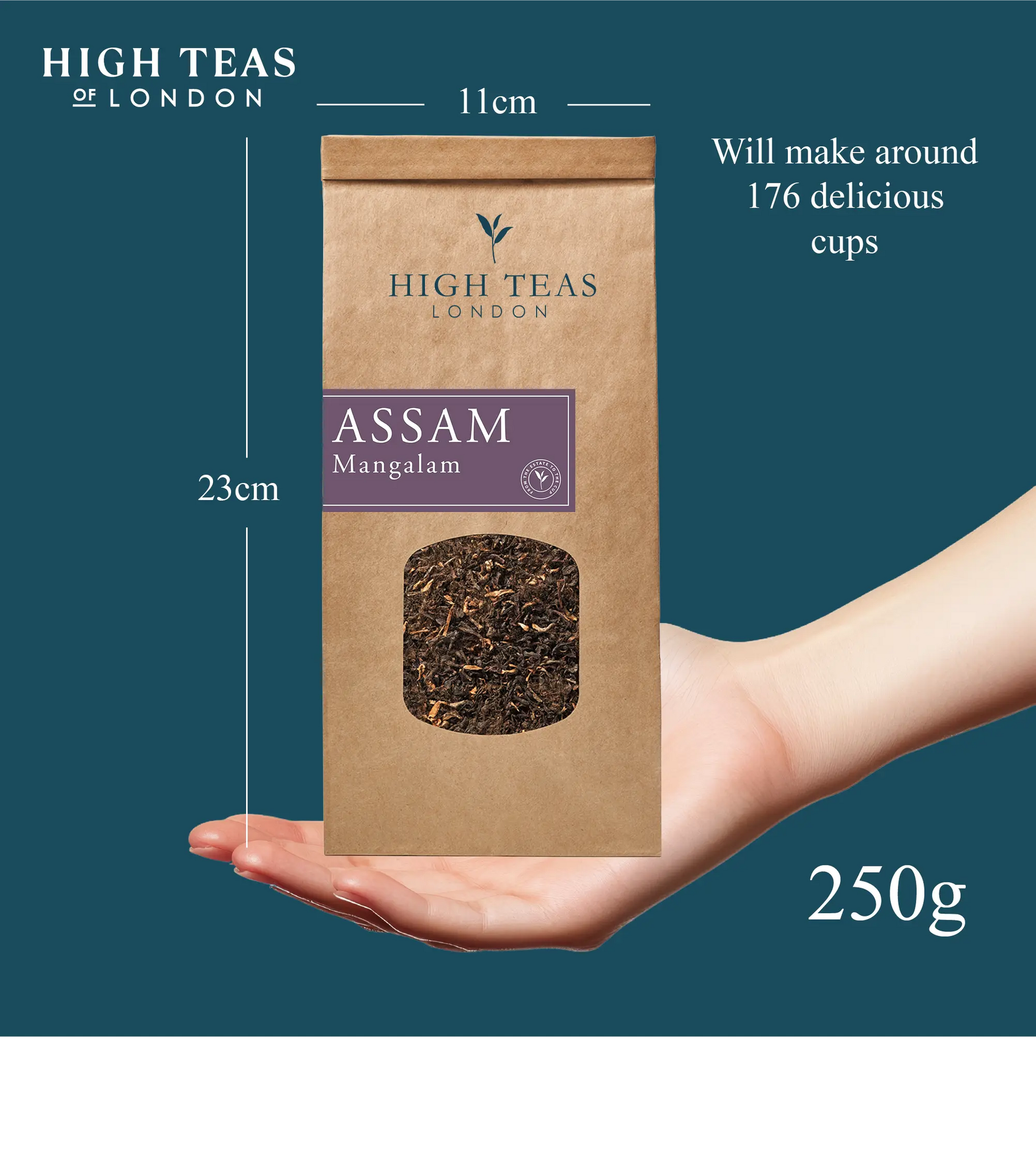 Handful of Assam Hunwal 2nd flush TGFOP1 tea leaves from High Teas, showcasing the rich, golden tips of the premium tea.