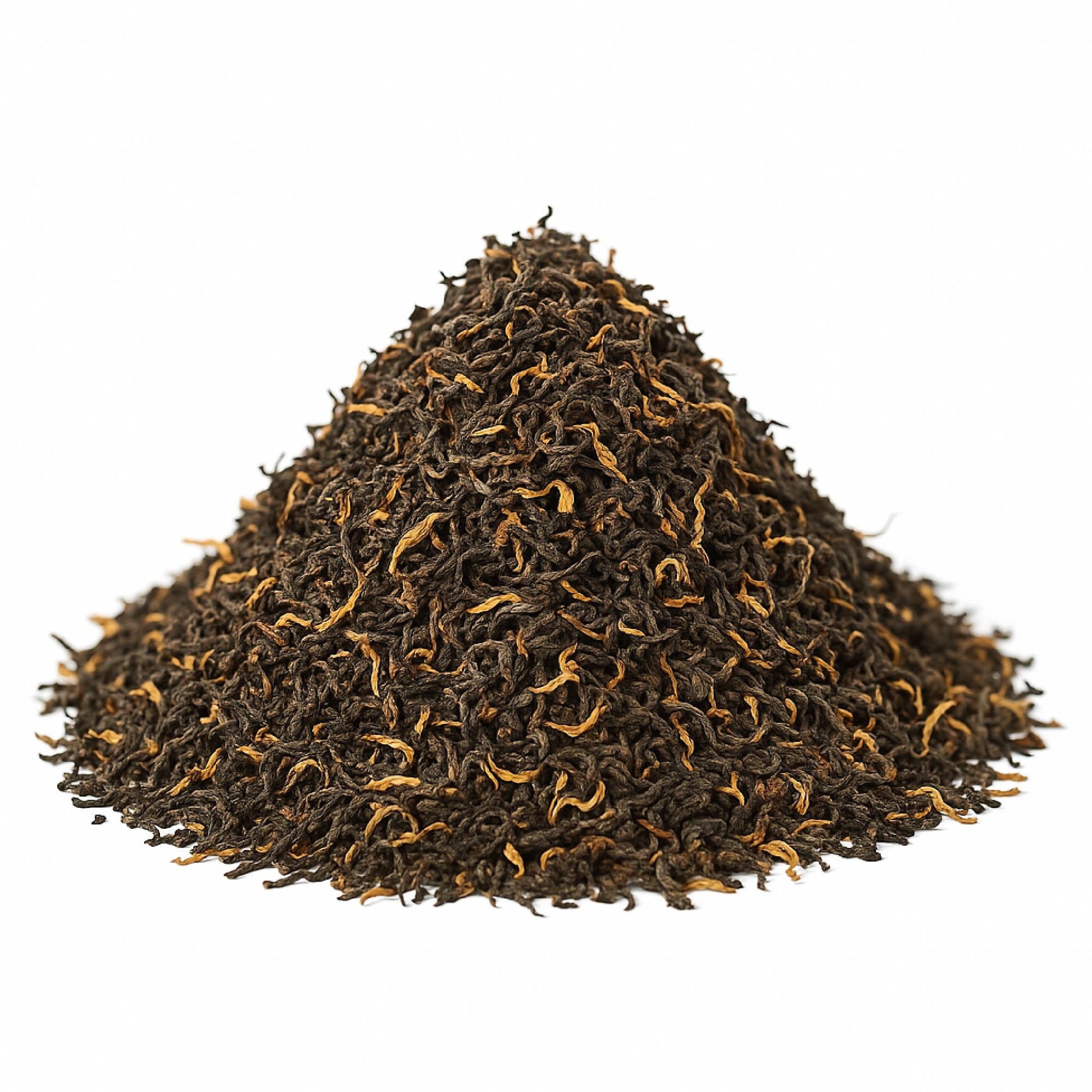 Assam Mangalam FTGFOP1 high-quality tea leaves from High Teas, displayed in a neat pile showcasing their rich, dark green color.