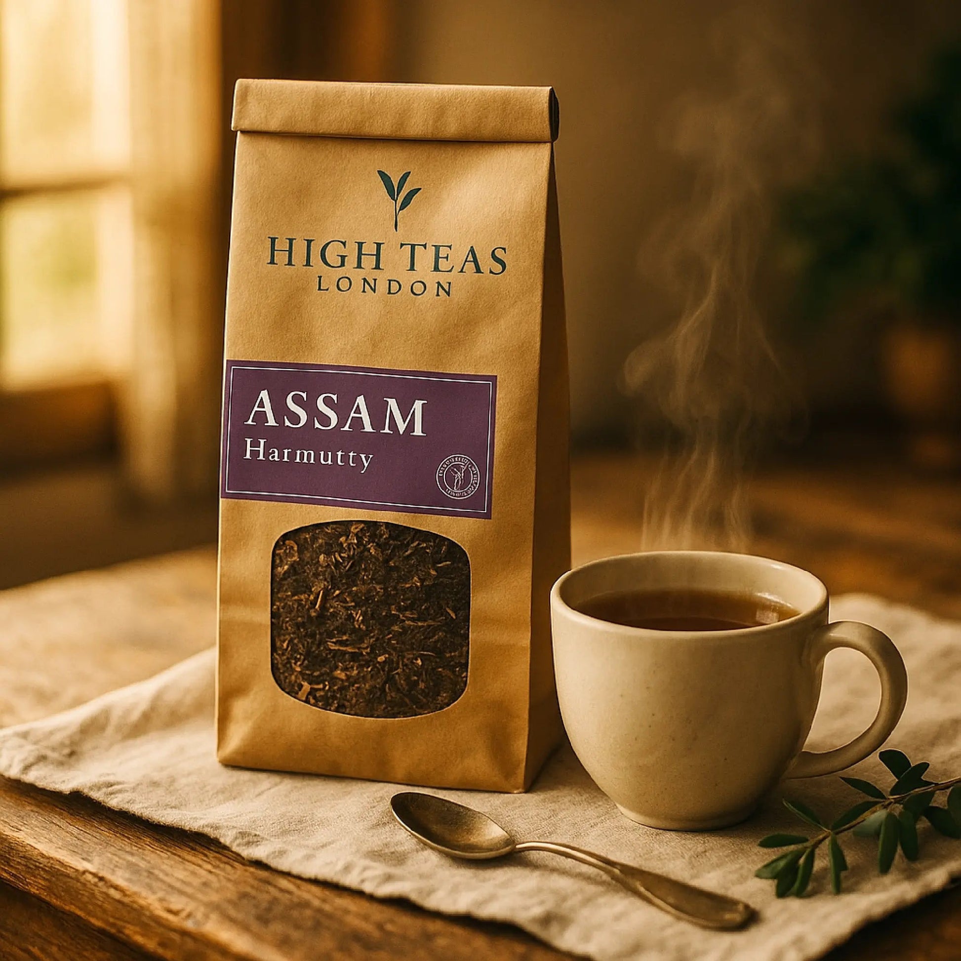 Assam Hunwal 2nd flush TGFOP1 tea leaves from High Teas, showcasing fresh, plucked tea leaves in a lush garden setting