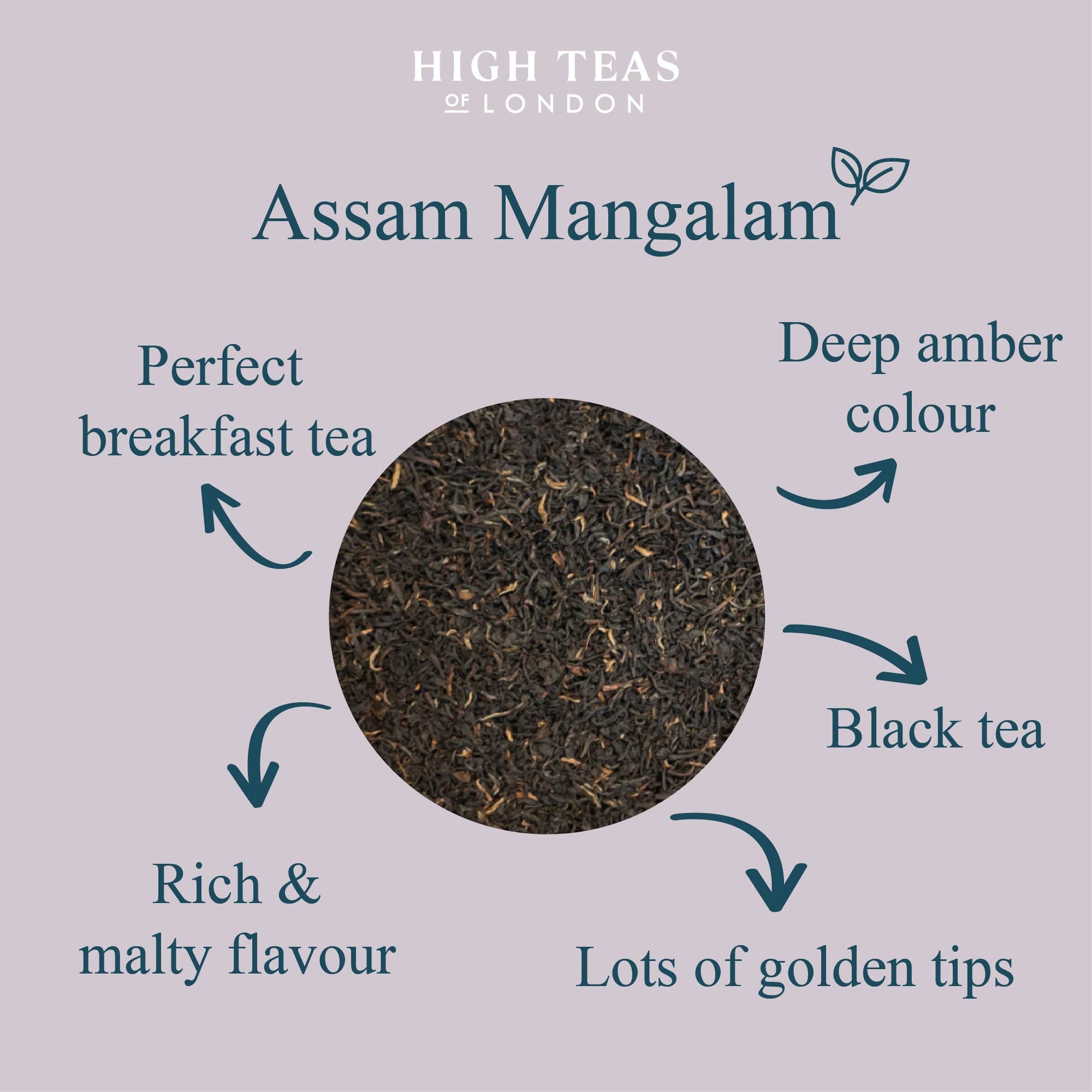 Assam Mangalam FTGFOP1 tea leaves from High Teas, showcasing golden tips and rich, fragrant dry tea leaves.