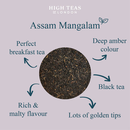 Assam Mangalam FTGFOP1 tea leaves from High Teas, showcasing golden tips and rich, fragrant dry tea leaves.