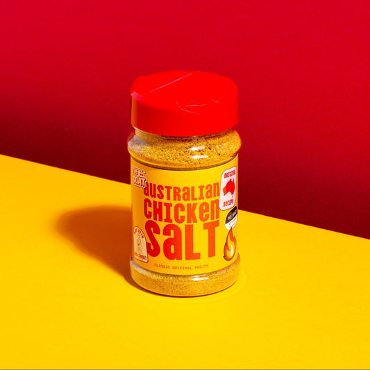 Australian Chicken Salt from The GOAT Seasoning Blends in a 300g shaker jar, vibrant label, ideal for enhancing savory dishes.