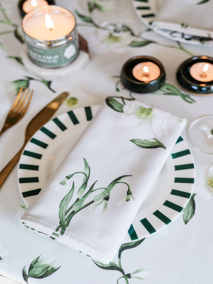 Pair of Avalon Home UK snowdrop and hellebore floral napkins with elegant botanical print for spring and summer decor.