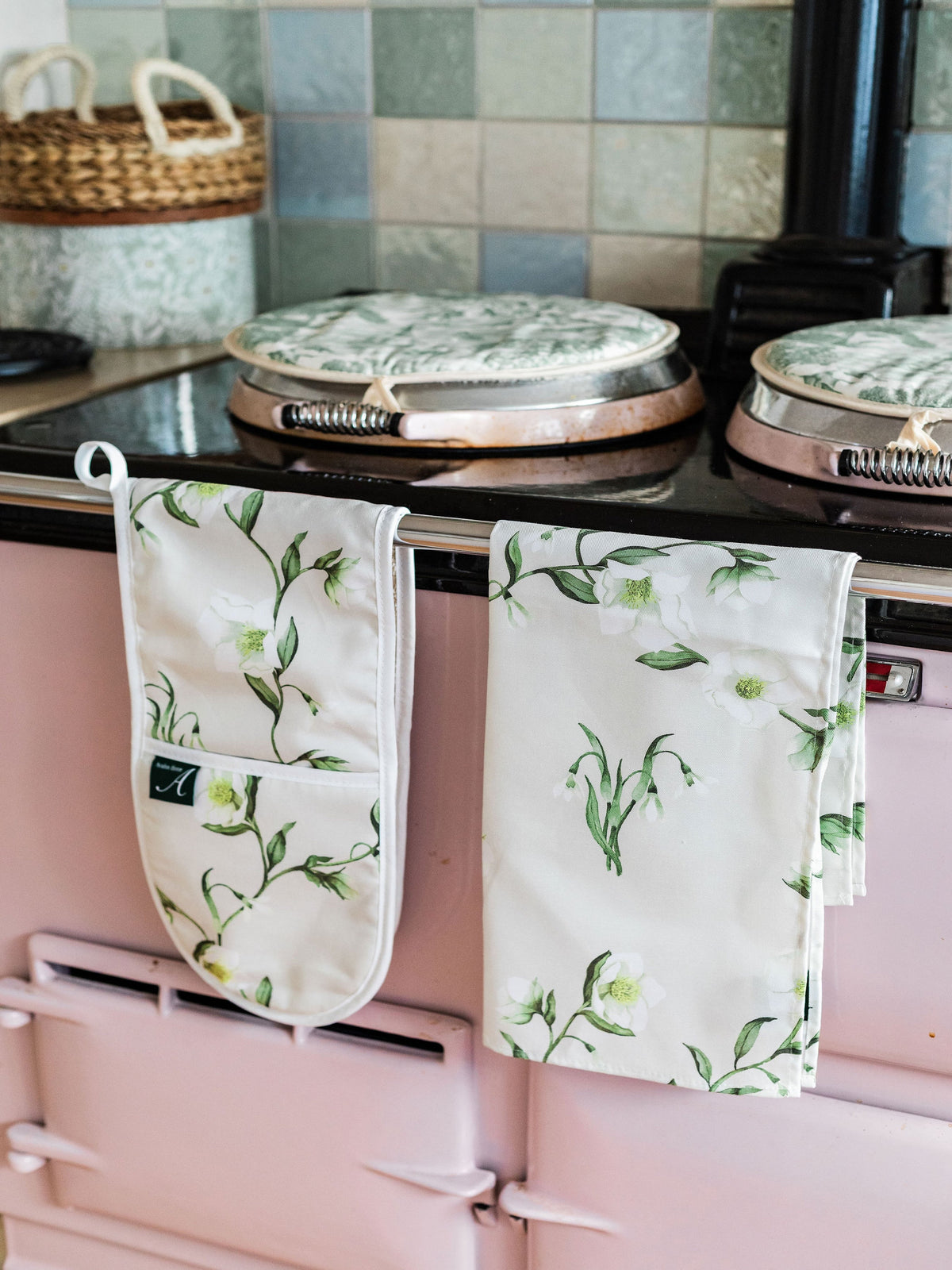 Snowdrop and hellebore floral tea towel from Avalon Home UK featuring spring blooms in vibrant colors.