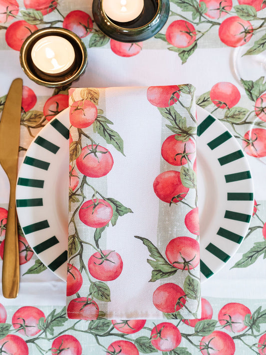 Pair of Avalon Home UK Vine Tomato napkins with vibrant tomato pattern, perfect for spring and summer table decor.