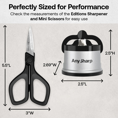 Elite AnySharp mini scissors and classic knife sharpener bundle with sharpened blades and ergonomic handles on a white background.