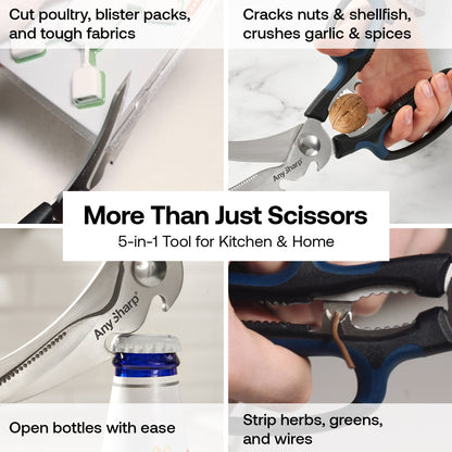 AnySharp Smart Scissors with ergonomic handles and sharp blades, designed for precise cutting and durability.