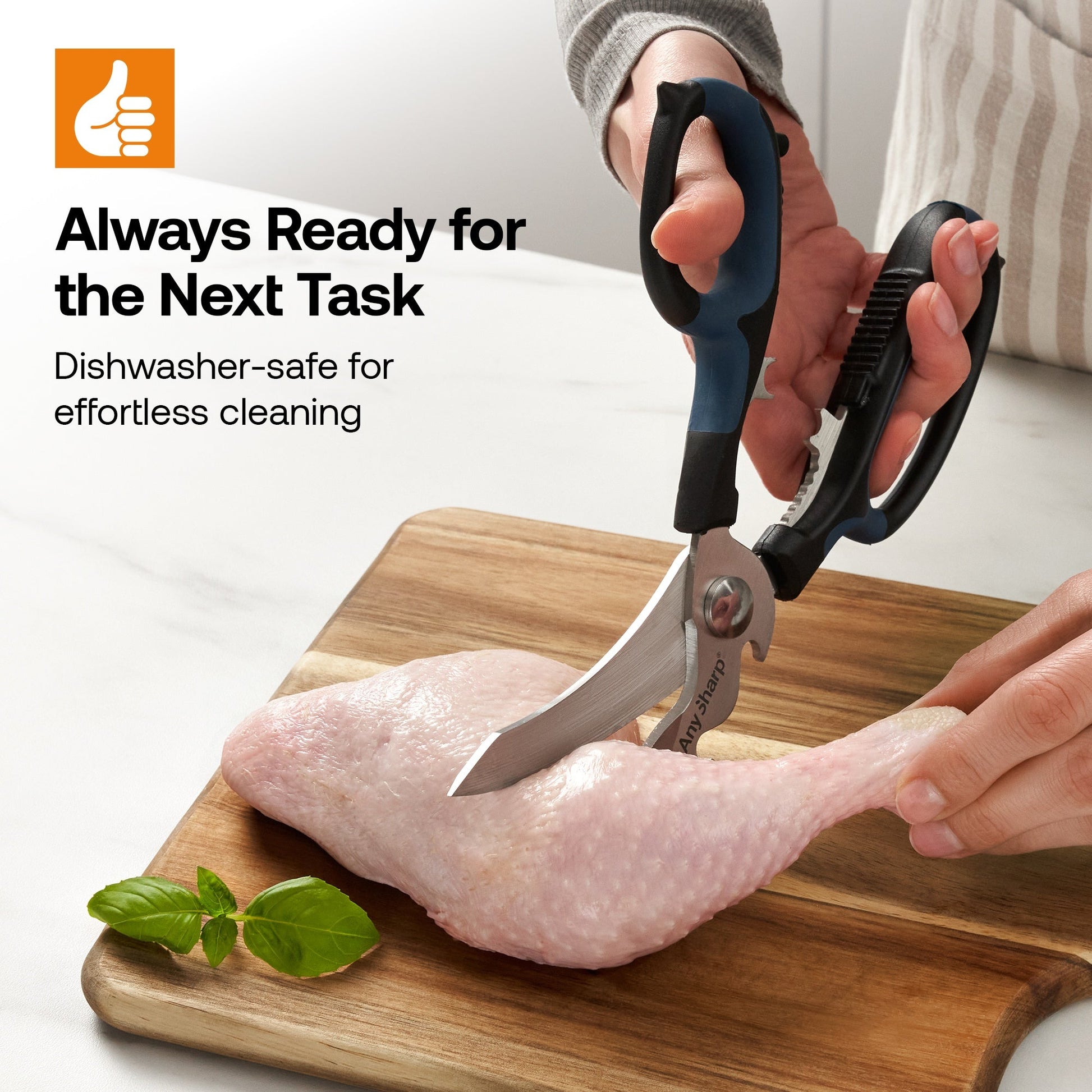 AnySharp Smart Scissors with ergonomic handles and sharp blades for precise cutting, shown in a close-up image.